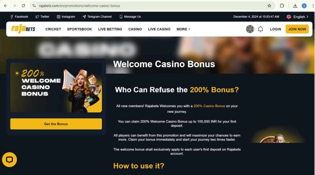 Rajabets website Bonus Page